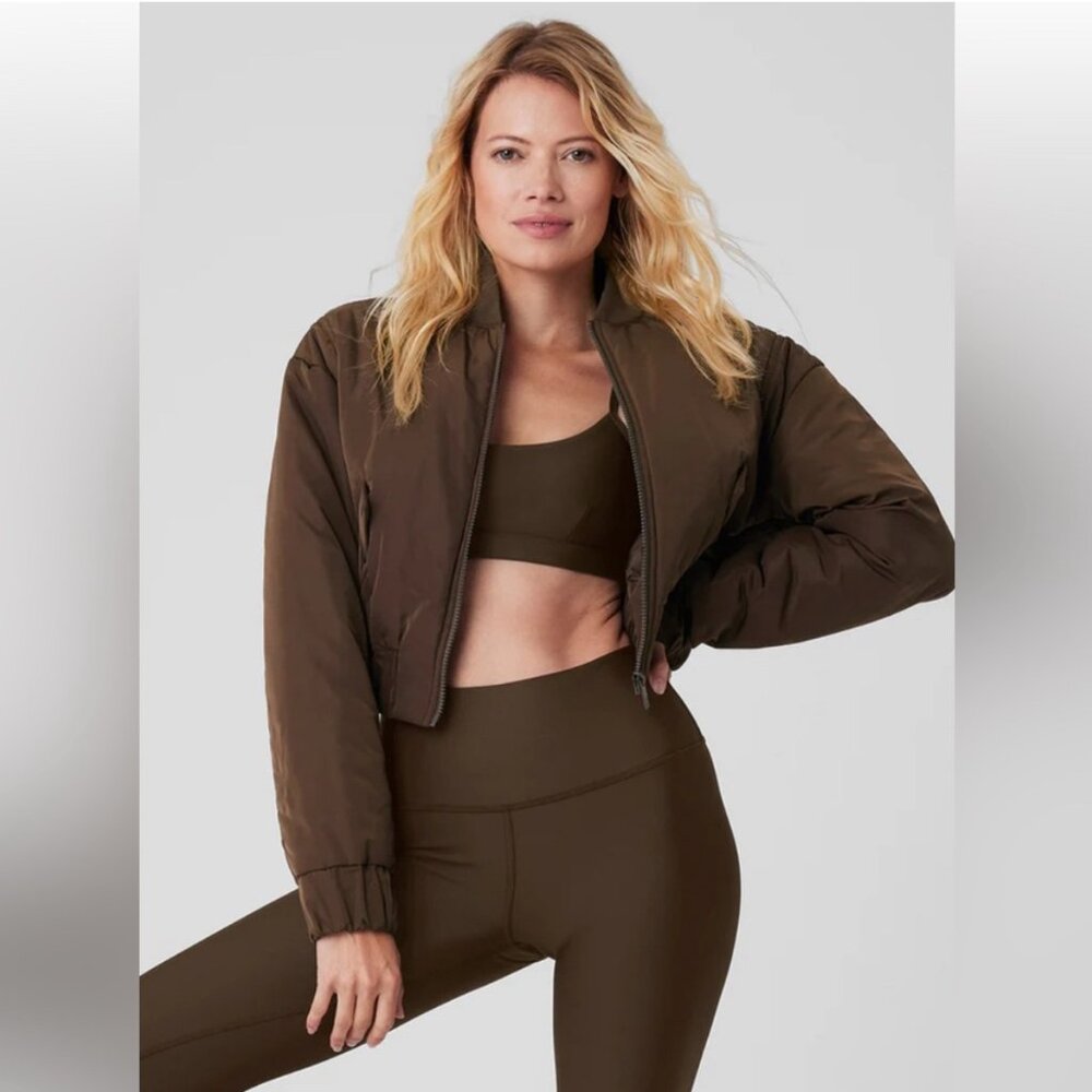 ALO Yoga Cropped Break Line Bomber Jacket in Espresso